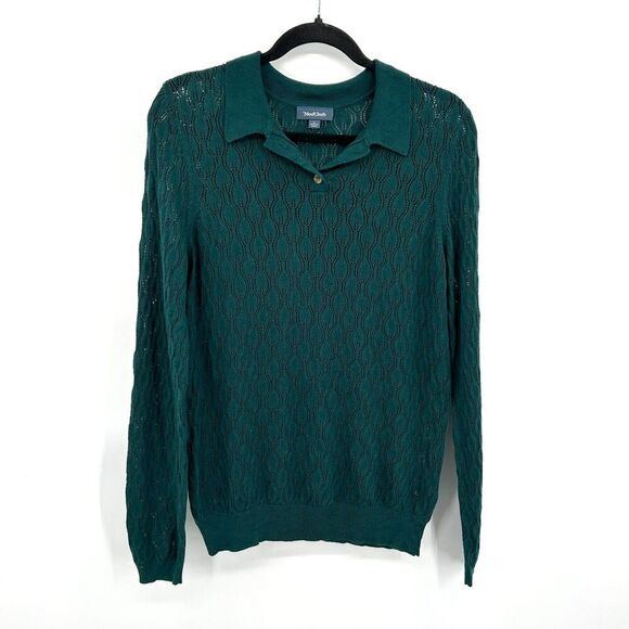 MODCLOTH Emerald Green Open Knit Lace Long Sleeve Henley Sweater Top Size Large - Picture 1 of 6